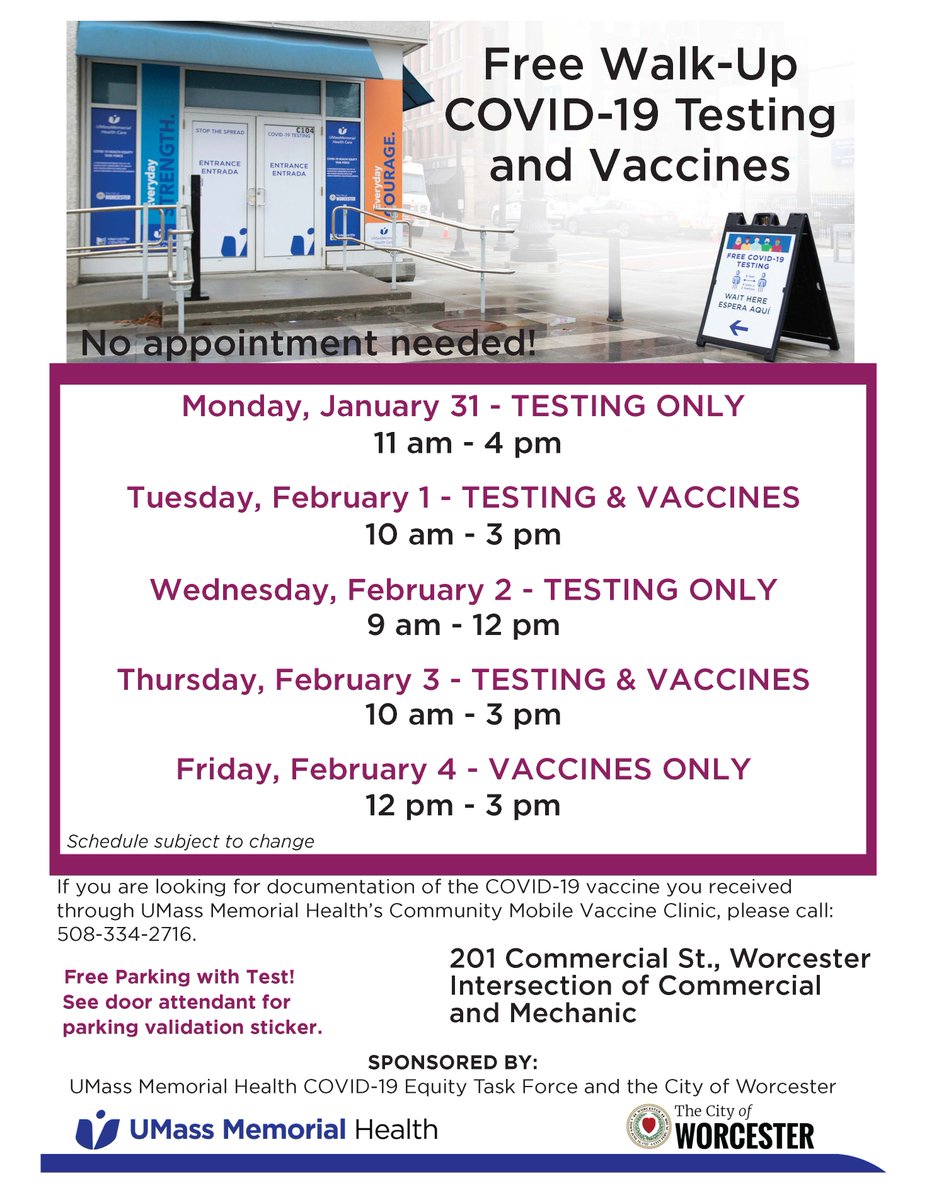 umassmemorial's tweet image. 🚨REMINDER🚨

Here's this week's COVID-19 testing and vaccine schedule at the @MercantileCtr in @TweetWorcester.

For more info, go here: bit.ly/3zAgp4D