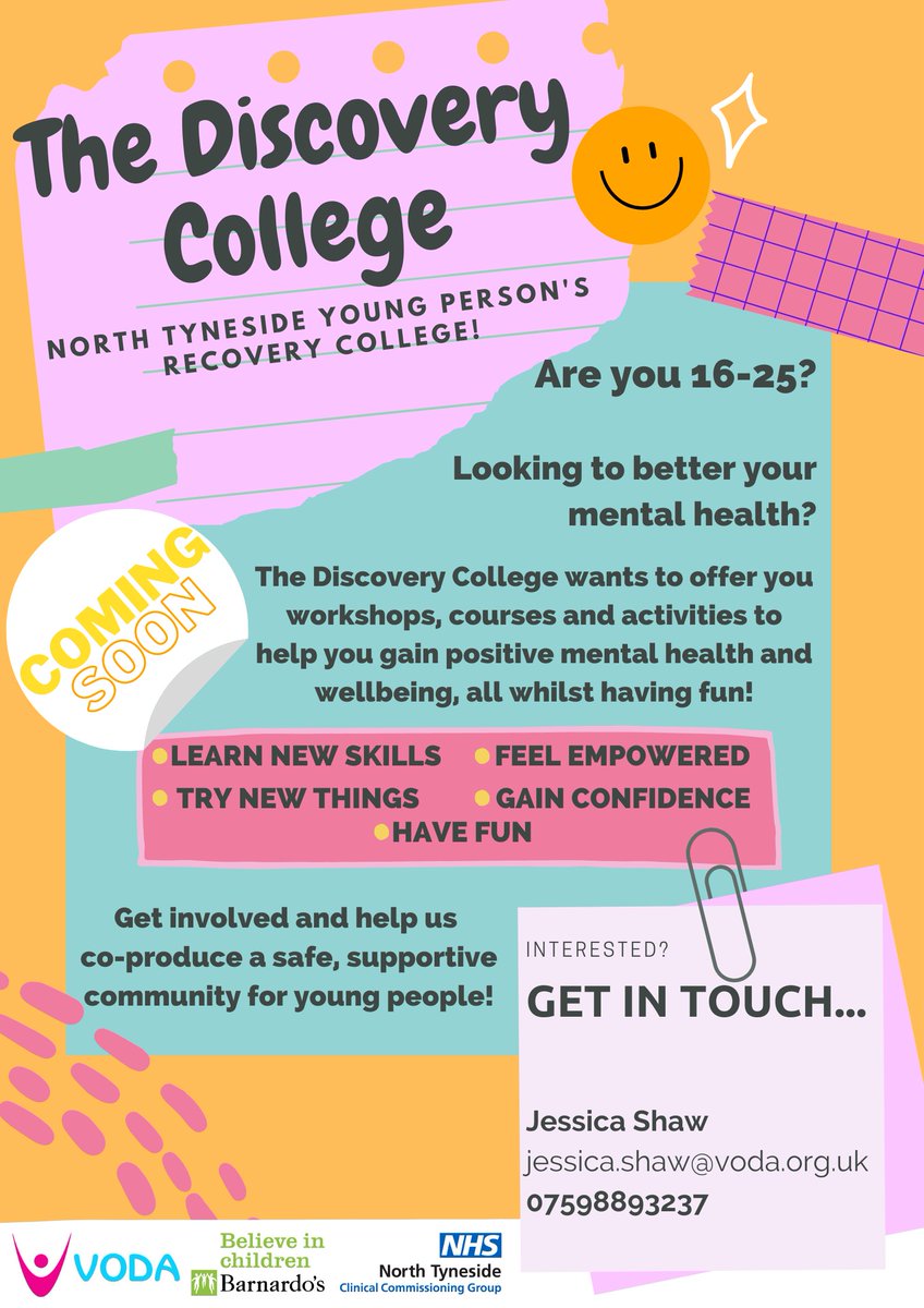LivingWellNT's tweet photo. Coming soon! The Young Person's Discovery College. Details on the poster below. If you're interested contact jessica.shaw@voda.org.uk ✨🙌🌻🧡🌸🌈🌞🎀💛 @NTynesideVODA https://t.co/RvjKDvggxk