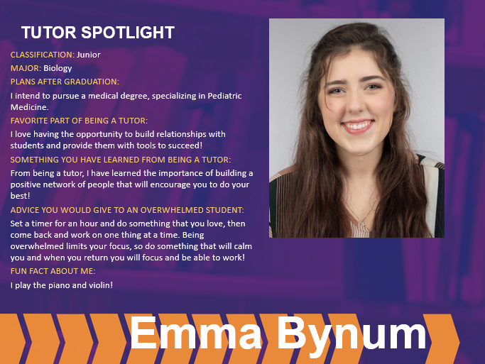 ASC_OBU's tweet photo. This week’s Tutor Spotlight features the Academic Success Center’s very own student worker, Emma! She is one of our excellent tutors at the ASC office. She has a heart for helping others and we are so glad she is on the team! #academicsuccesscenter #obusuccess #spring22 https://t.co/UrTtIb688z