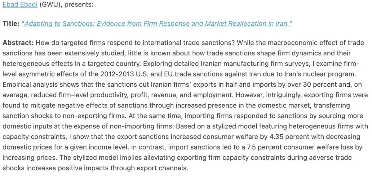gradstudent_ipe's tweet photo. The Spring #GSIPE workshop series starts 1 week from today, 12-1pm ET. Listserv signup for Zoom link access is on the website.

@ebadi_ebad will present "Adapting to Sanctions: Evidence from Firm Response and Market Reallocation in Iran"- https://t.co/N02LiHCaXc https://t.co/xL6HTbn5TL