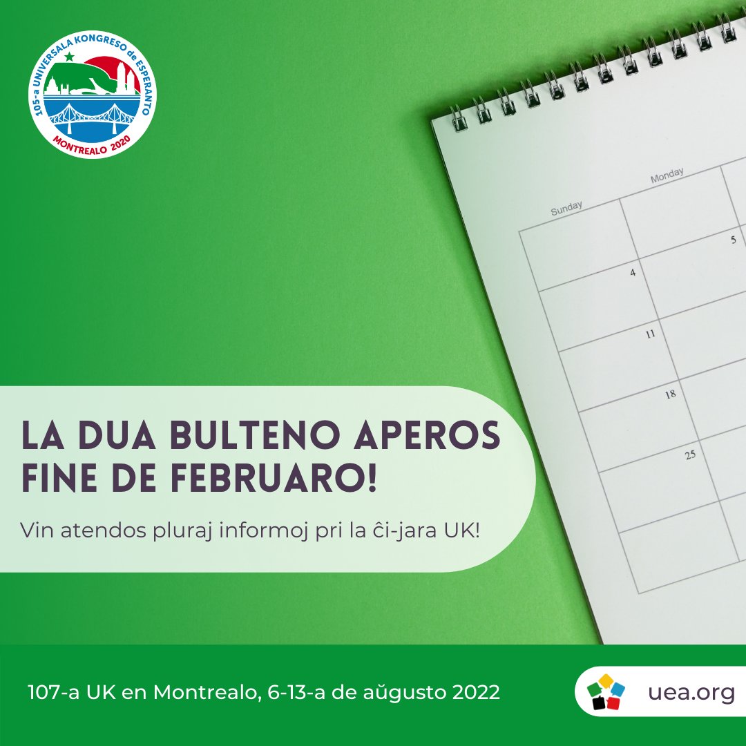 esperanto2022's tweet photo. Pro pandemiaj obstakloj, ĉi-jare la Dua Bulteno de UK en Montrealo aperos iom pli malfrue - fine de februaro. Vin atendos pluraj utilaj informoj pri loĝado, antaŭ- kaj postkongresoj kaj pluraj aliaj! 🇨🇦 Aliĝu ĉe https://t.co/q8NY0YzKjf 
#esperanto2022 #universalakongreso https://t.co/XBtNqTvUeN
