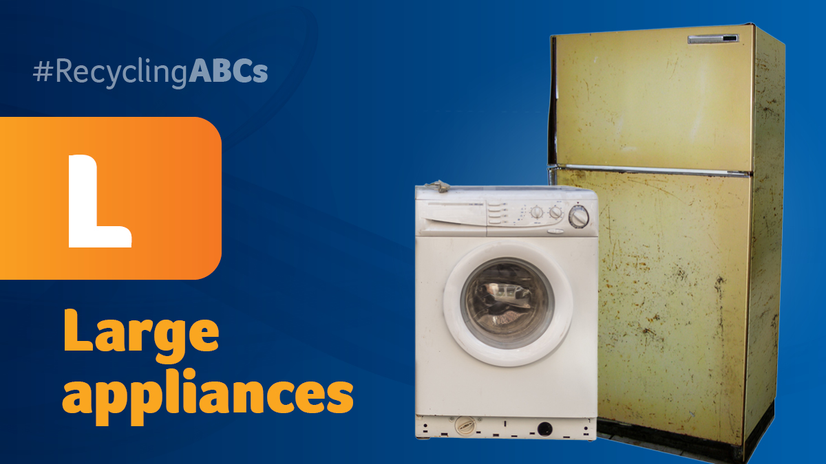 CityofRegina's tweet photo. L – Large appliances definitely don’t fit in your curbside carts 🚫. Check if your large appliances can be repaired, and then brought to a store where they could have a second life. Visit https://t.co/2GJrPCpioG on how to properly dispose of these bigger items. #RecyclingABCs https://t.co/tl9HlINDML