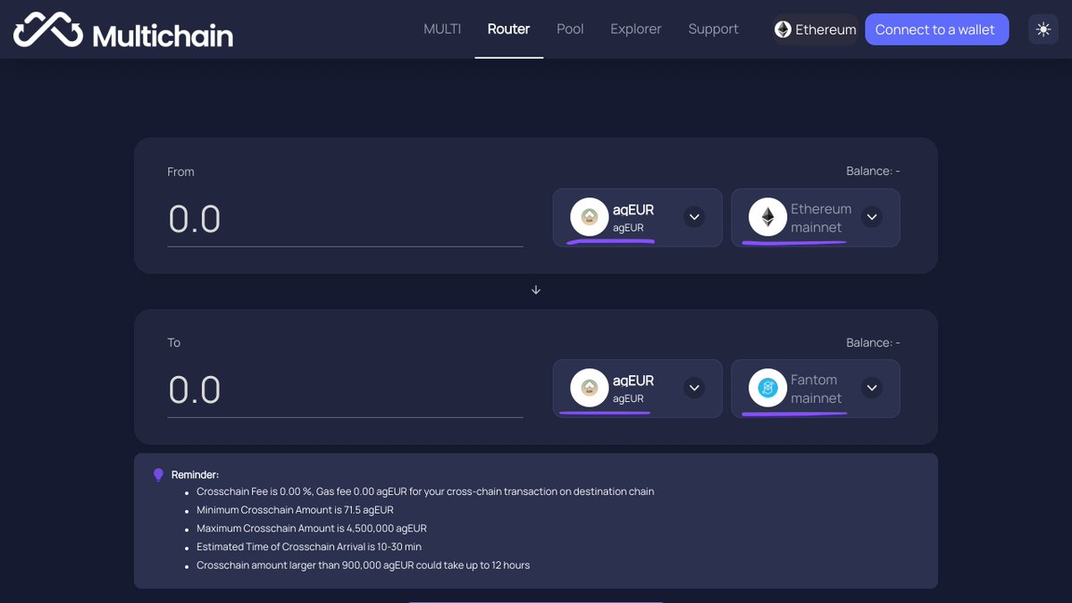 stableyields's tweet photo. How to get agEUR on Fantom:

- Bridge from eth mainnet, using @MultichainOrg 
- There are no fees, besides gas
- To get agEUR on eth, use dex aggregators, like 1inch or paraswap https://t.co/FXKl85m7l2
