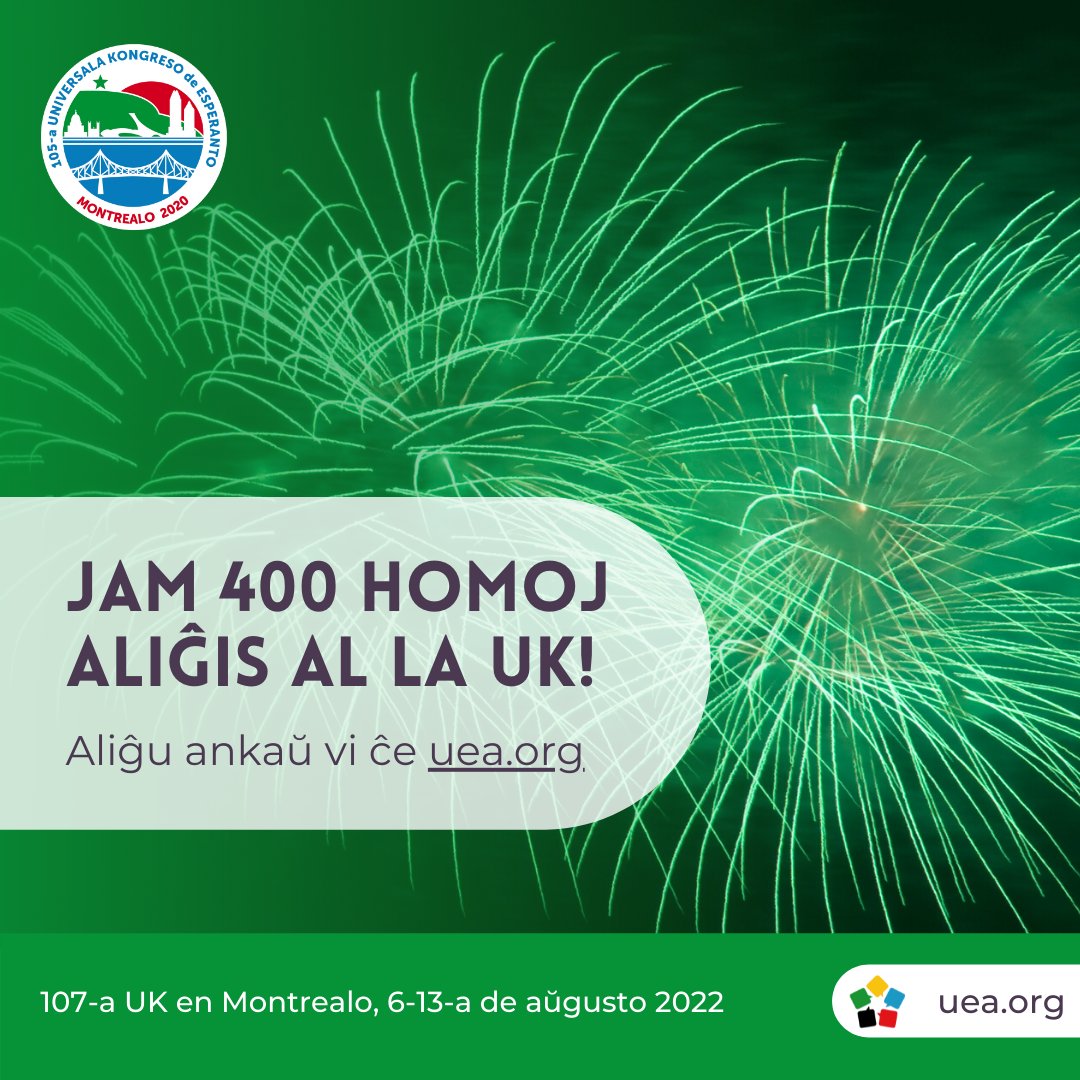 esperanto2022's tweet photo. Jam 400 partoprenontoj aliĝis al la 107-a Universala Kongreso de #Esperanto en Montrealo, Kanado! 🇨🇦 Eksciu pli kaj aliĝu ĉe https://t.co/q8NY0YRlaN!

#universalakongreso #esperanto2022 https://t.co/WdZLND6fZk