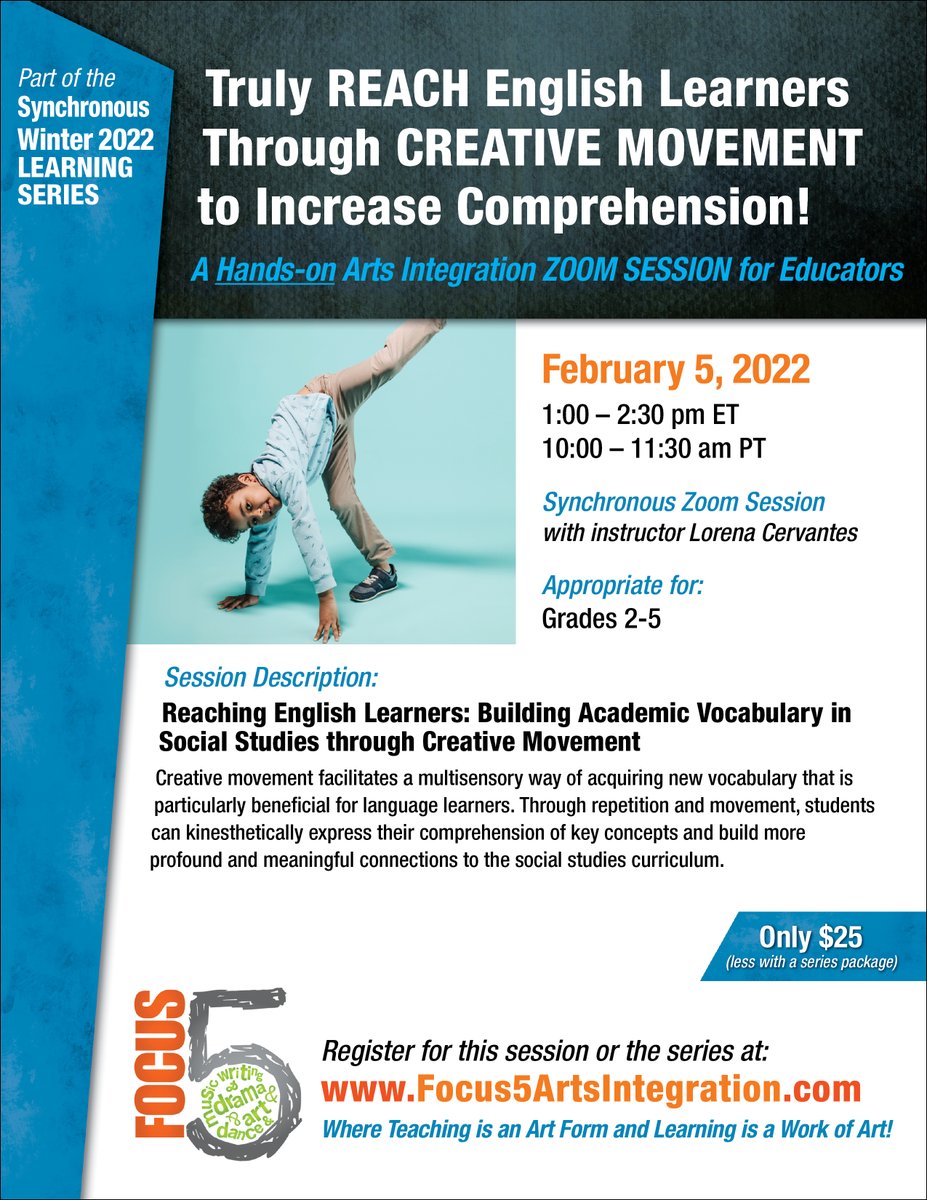 THIS SATURDAY! An incredible opportunity to Truly REACH English Learners Through CREATIVE MOVEMENT to Increase Comprehension. A Hands-on ZOOM session for Educators! Learn more: artsintegrationconsulting.com/online-synch-s… #ESOL #englishlearning #MovementThatInspires #educators #readingcommunity