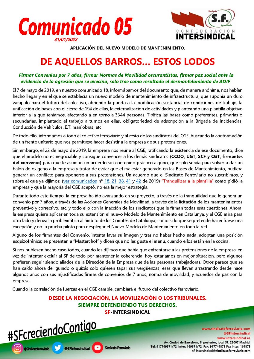 SFIntersindical's tweet photo. 👎Firmar por 7 años los convenios solo promueve el desmantelamiento de #ADIF 
#SFcreciendoContigo https://t.co/aNG5gDtBKw