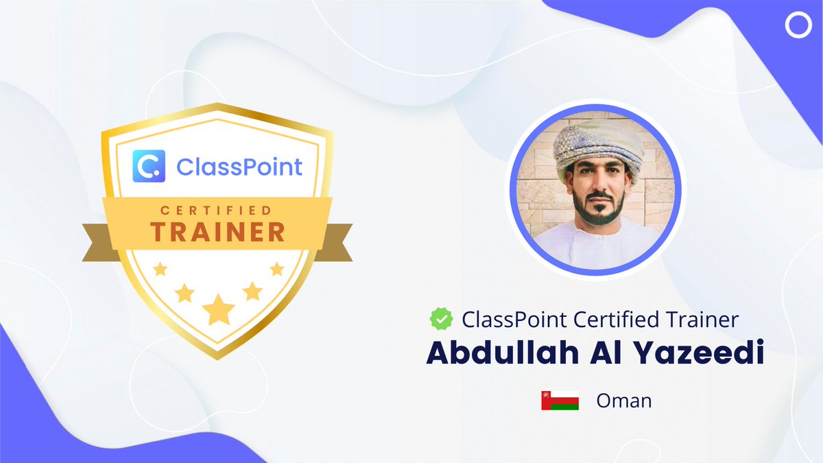 ClassPointMENA's tweet photo. تهانينا!!!🎉🎉🎉
يشرفنا أن نرحب بالأستاذ عبدالله  اليزيدي من سلطنة عمان 🇴🇲🎖️رسميًا مدرب معتمد من #كلاسبوينت  متمنين له دوام التميز والنجاح👌✨
#التعليم_التفاعلي   #باوربوينت #تعليم_مدمج #تعليم_عن_بعد https://t.co/iUDMfxnWAk