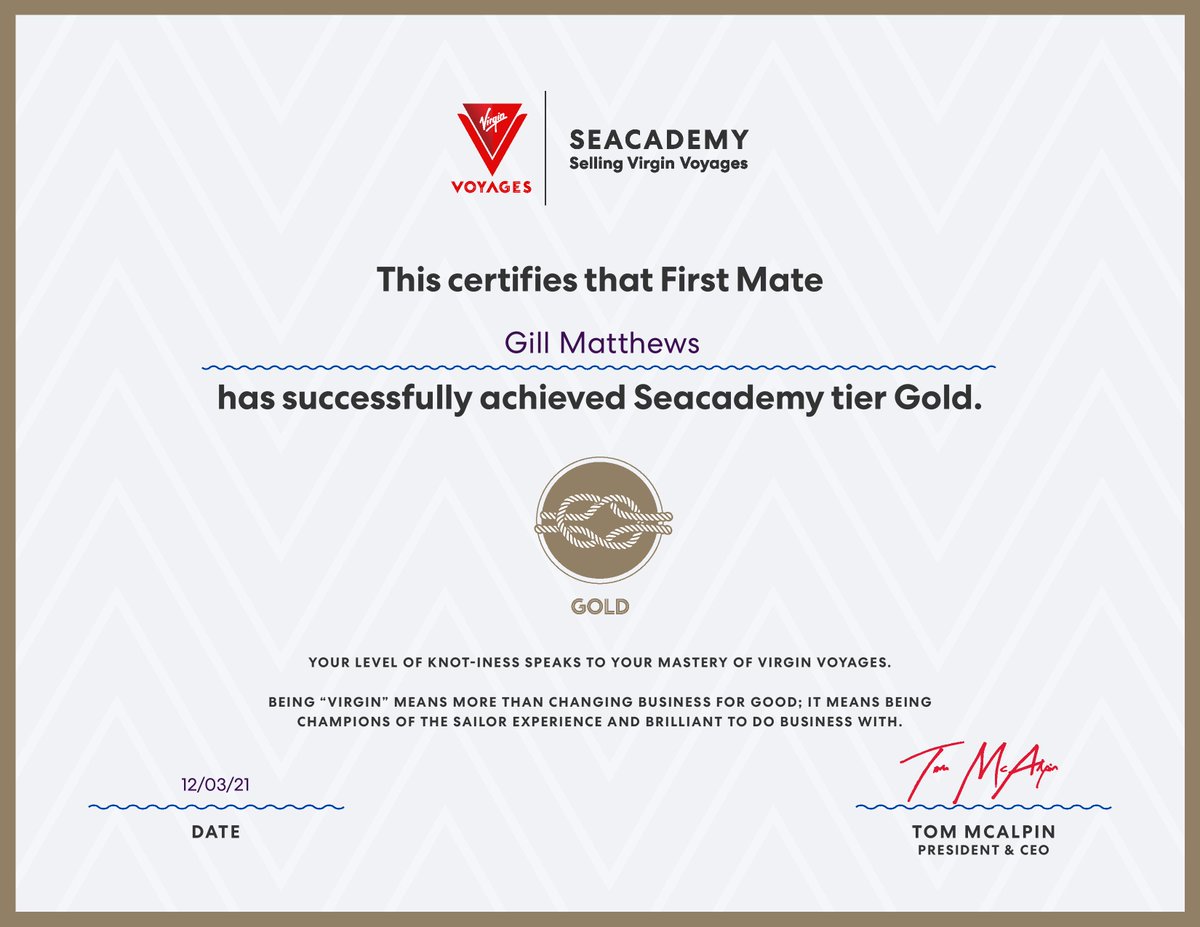 NotJustTravelGM's tweet photo. I'm proud to have achieved GOLD tier with @VirginVoyages #seacademy! Add it to my experience of sailing the high seas on a Virgin ship, I know pretty much everything there is to know about #VirginVoyages π»π’π¦#seablazer #firstmates https://t.co/kiTO8wwRSA