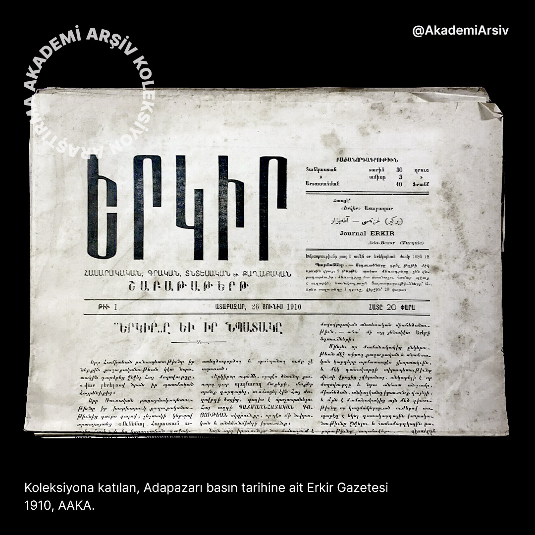 AkademiArsiv's tweet photo. 112 Yıllık #Sakarya Basını 

Karaağaçdibi doğumlu Markos Terzian’��n 1910’da #Adapazarı’nda bastığı Erkir (Memleket) Gazetesi, #AAKA araştırmasıyla bulunarak koleksiyona katıldı. 7 nüshanın bulunduğu neşriyat, Sakarya #basın tarihinin 112 yıllık tarihe sahip olduğunu kanıtlıyor. https://t.co/UuowTAGwXS
