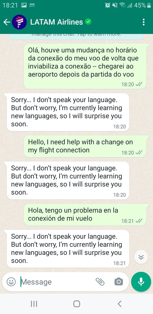 I'm anxiously waiting for <a href="/LATAM_BRA/">LATAM Airlines Brasil</a> bot to surprise me 🤖🤪 (btw, the human lady from customer service at the Confins airport quickly and efficiently solved my problem when I arrived there, so now I can wait for the bot knowing I can catch the connecting flight 😄)