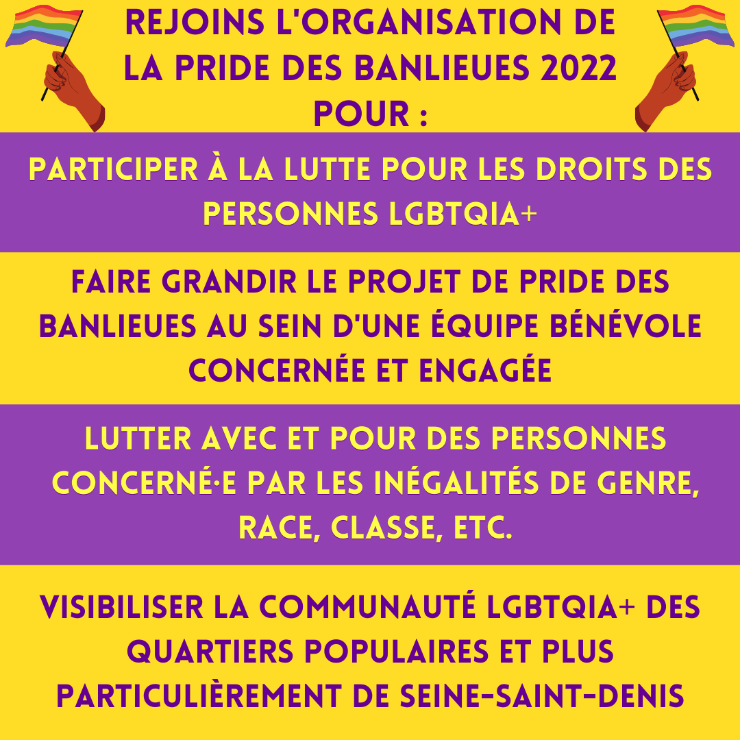 SDVOC93's tweet photo. [APPEL À BÉNÉVOLES] Au cas où tu aurais manqué l’info : la #PrideDesBanlieues2022 fait son grand retour cette année ! 🌈

🤝 Pour faire de cet événement un succès, nous passons un appel à bénévoles pour rejoindre l’équipe et participer aux prochains mois de préparation ! https://t.co/ceiHKCZXUA