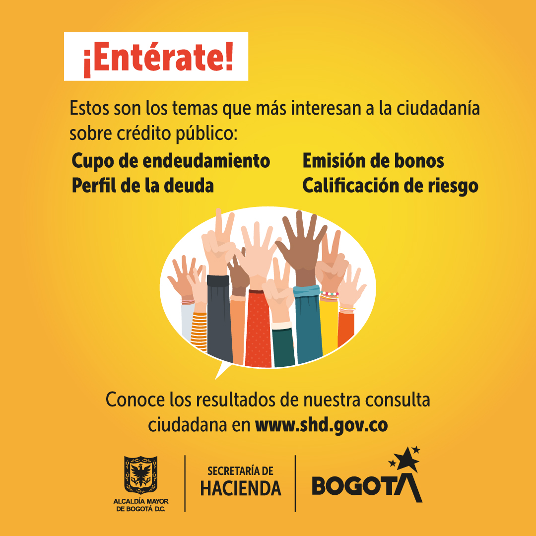 HaciendaBogota's tweet photo. ¿Sabías que los temas más consultados en nuestra página web sobre crédito público distrital son estados de la deuda, calificaciones de riesgo e informes de ejecución presupuestal?
Conoce los resultados de nuestra consulta ciudadana https://t.co/kGnuMN4FEK

https://t.co/vK1kfSngMI https://t.co/dcuDktx3Ae