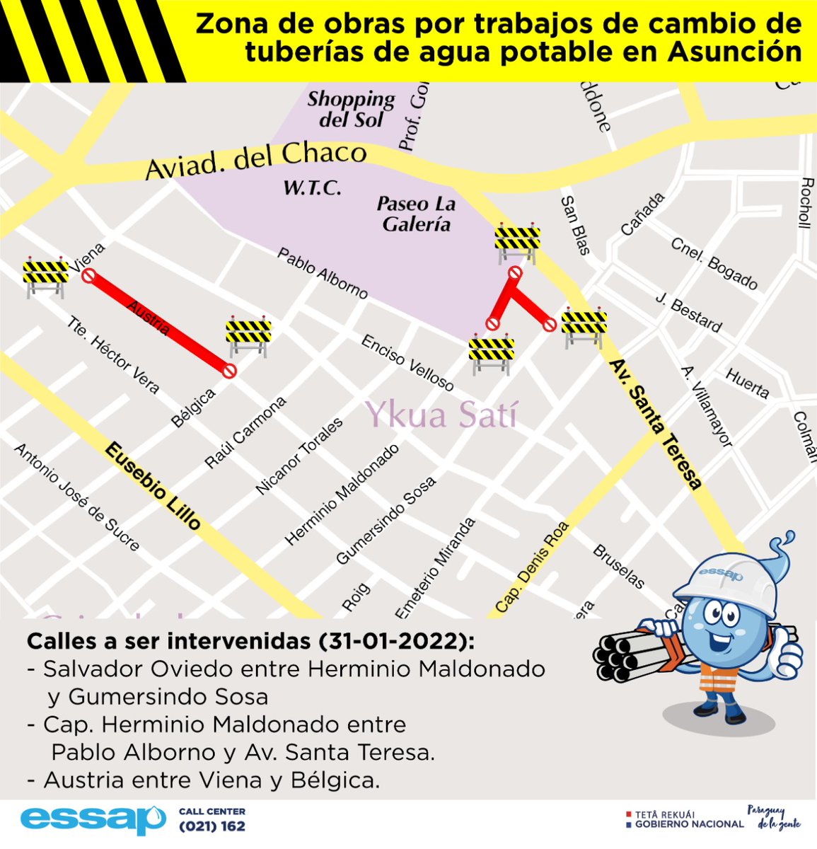 EssapSA's tweet photo. ¡Atención Asunción!

🚧 Desvíos por trabajos de cambio de tuberías de agua potable en la ciudad. https://t.co/awB8E3kkE2