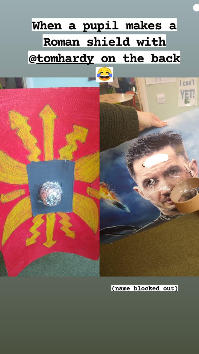 Faelightcosplay's tweet photo. Asked my yr3 class to make Roman shields for their homework. One came in today with @rtomhardy on the reverse 🤷‍♀️😂 https://t.co/1oDJUeDvDU