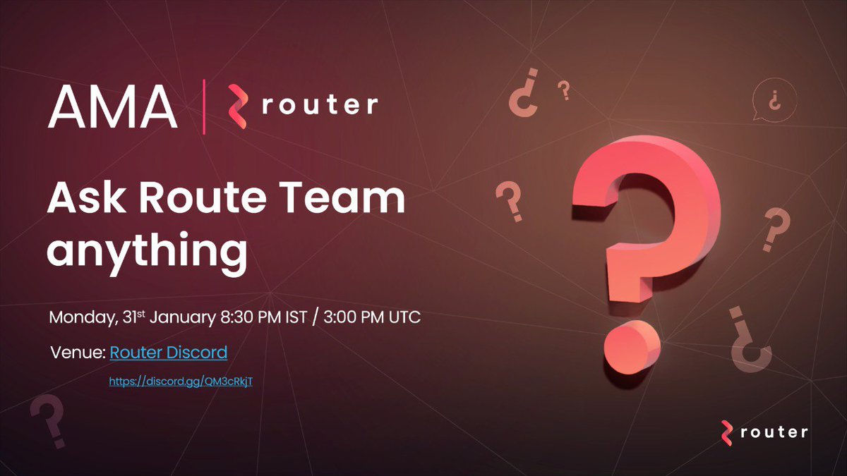 GeeAkpan's tweet photo. ๐ข Announcing the community AMA today ๐ซ
Happening in few hoursโณ
The #RouterTeam will be there to answer your questions.
๐
Date: 31st Jan
โฐ Time: 8:30 PM IST / 3:00 UTC
๐ Location: Router Discord (https://t.co/Ds5iKyQtRw)
@routerprotocol $ROUTE #AMA #RouterMainnet https://t.co/RSvvUFsM2v