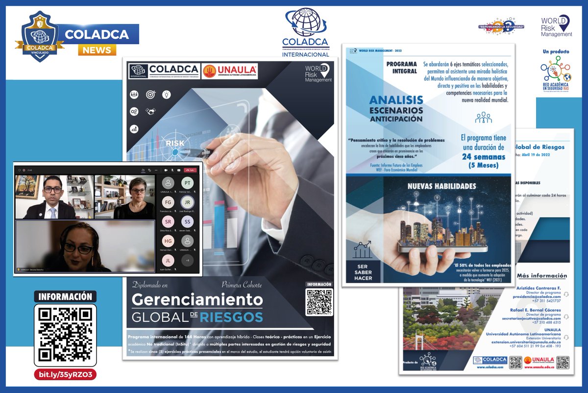 COLADCA's tweet photo. 🛡 #COLADCANews #WRM World Risk Management | Hoy recibimos aprobación #Diplomado en Gerenciamiento Global de Riesgos por parte de la Universidad @Unaula
Programa internacional 144 Horas | Aprendizaje híbrido - Clases teórico - prácticas (InSitu)
📌 Info https://t.co/HpOeEeT0CY https://t.co/4cJiAjCGu6