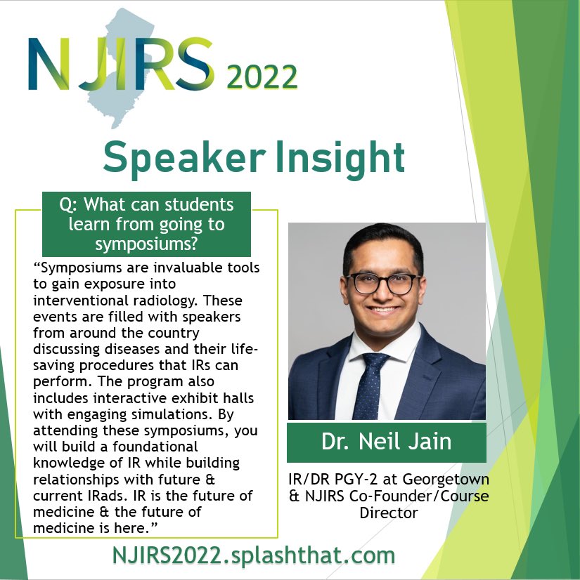 NJIRS (@njirsociety) on Twitter photo 📣 Dr. Neil Jain, Integrated IR/DR Resident <a href="/Georgetown_IR/">Medstar Georgetown IR</a> & our Co-Founder/Course Director, gives his insight on what students can gain from attending symposiums. As future physicians, don’t miss his #NJIRS2022 talk on the Future of IR on 2/26. Register @ NJIRS2022.splashthat.com 📣 Dr. Neil Jain, Integrated IR/DR Resident <a href="/Georgetown_IR/">Medstar Georgetown IR</a> & our Co-Founder/Course Director, gives his insight on what students can gain from attending symposiums. As future physicians, don’t miss his #NJIRS2022 talk on the Future of IR on 2/26. Register @ NJIRS2022.splashthat.com