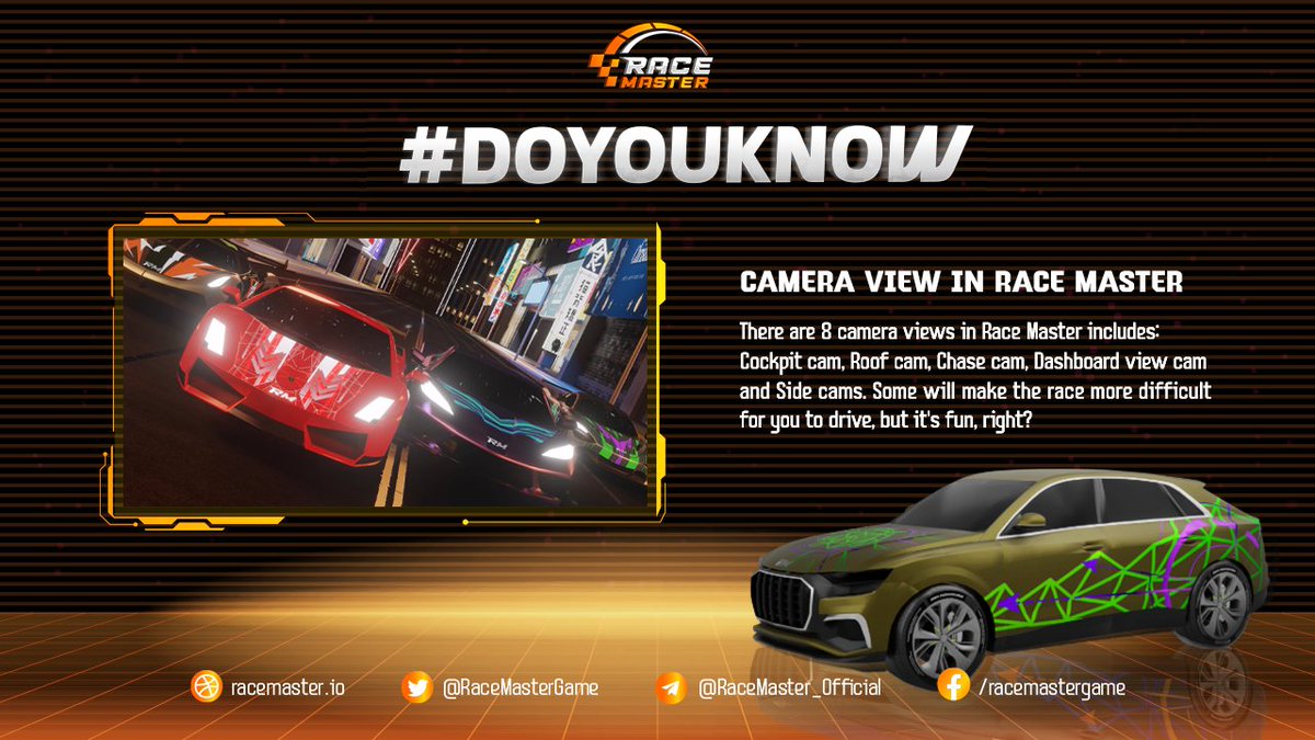 🌟 There are 8 camera views in Race Master including:
Cockpit cam, Roof cam, Chase cams, Dashboard View cam, and Side cams.

🌟 Some will make the race more difficult for you to drive, but it's fun, right?

#racemaster #cryptocurrency #GameFi #hiddengem #BSC