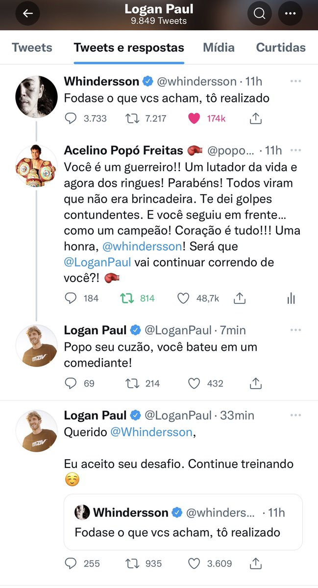 popofreitas's tweet photo. É guerra! Logan Paul, o YouTuber americano que se diz boxeador, deu às caras. Se manifestou com desrespeito (não aprendeu nada da nobre arte). Aceitou o desafio de Whindersson. Agora, já podemos prever o futuro dele: nocauteado; na lona do ringue. Pra cima dele, @whindersson. 🥊 https://t.co/CcbS8g00Uk