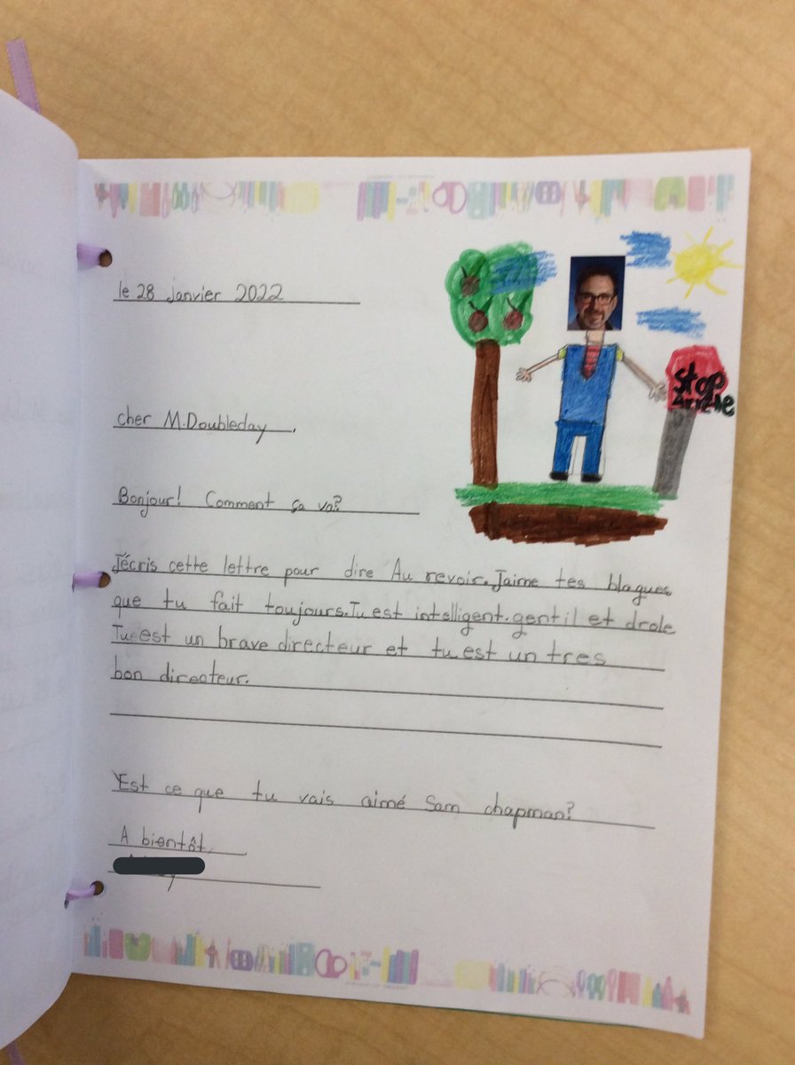 Aujourd'hui on dit au revoir à M.Doubleday! We will miss you ici à <a href="/FredVarley/">Fred Varley P.S.</a> but, À bientôt! Les amis will see you next year at Sam Chapman! We have been writing and editing letters in class et voici un petit livre de nos lettres! 📝