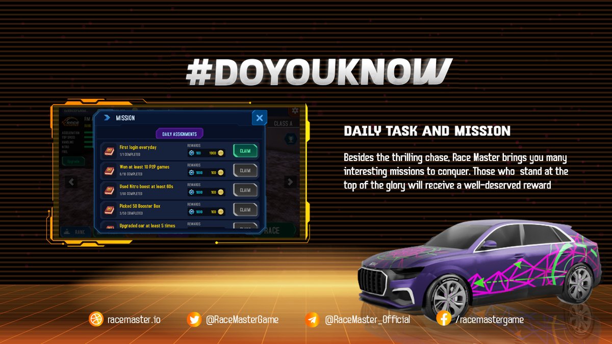 ✨ Every action you take in Race Master is counted on daily assignment.

✨ The more active you are, the more reward you get

✨ Stay tuned for something big is coming up!

#racemaster #cryptocurrency #GameFi #hiddengem #BSC