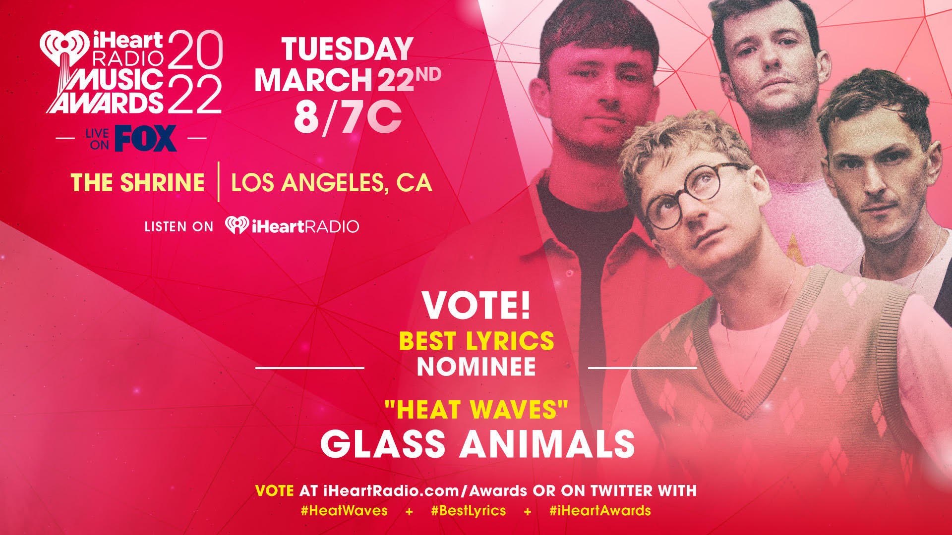 توییتر \ Glass Animals در توییتر: «heat waves has been nominated for an  @iHeartRadio award for best lyrics!! what an honour. you can vote for it on  here by using these hashtags #