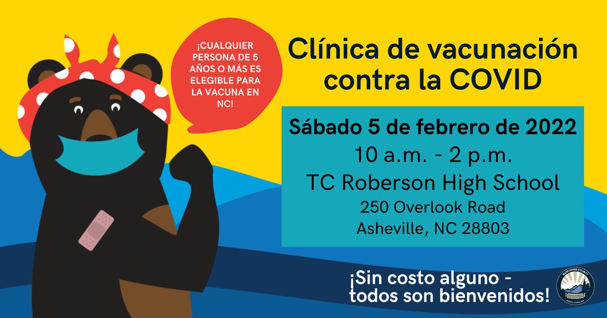 BuncombeSchools's tweet photo. BCS is once again partnering with @AVLCitySchools and @BuncombeGov to offer a series of COVID-19 vaccine clinics. The next clinic is Feb. 5, 2022, at T.C. Roberson High School from 10 a.m. to 2 p.m.
#buncombeready #BCReady #community #BCSstrong #NCpublicschools https://t.co/u5XkhBZtWp