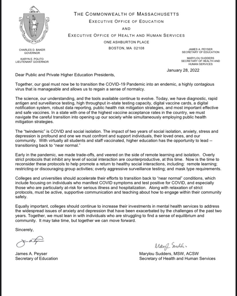 ErinBromage's tweet photo. At last! The first signs of government evolution to PH measures implemented at universities in MA. Recognizing that it’s not 2020. Which school will lead the way? https://t.co/Nlu0QUo8No