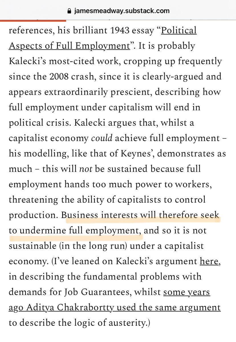 fiat_money's tweet photo. @TheStalwart Kalecki wrote about this in 1943: businessmen prefer a recession that crushes workers than full employment and high wages. 

Employers hate full employment and fund propaganda to make it rare: scare people with gov debt, inflation, whatever. https://t.co/zkJPiJ3fma