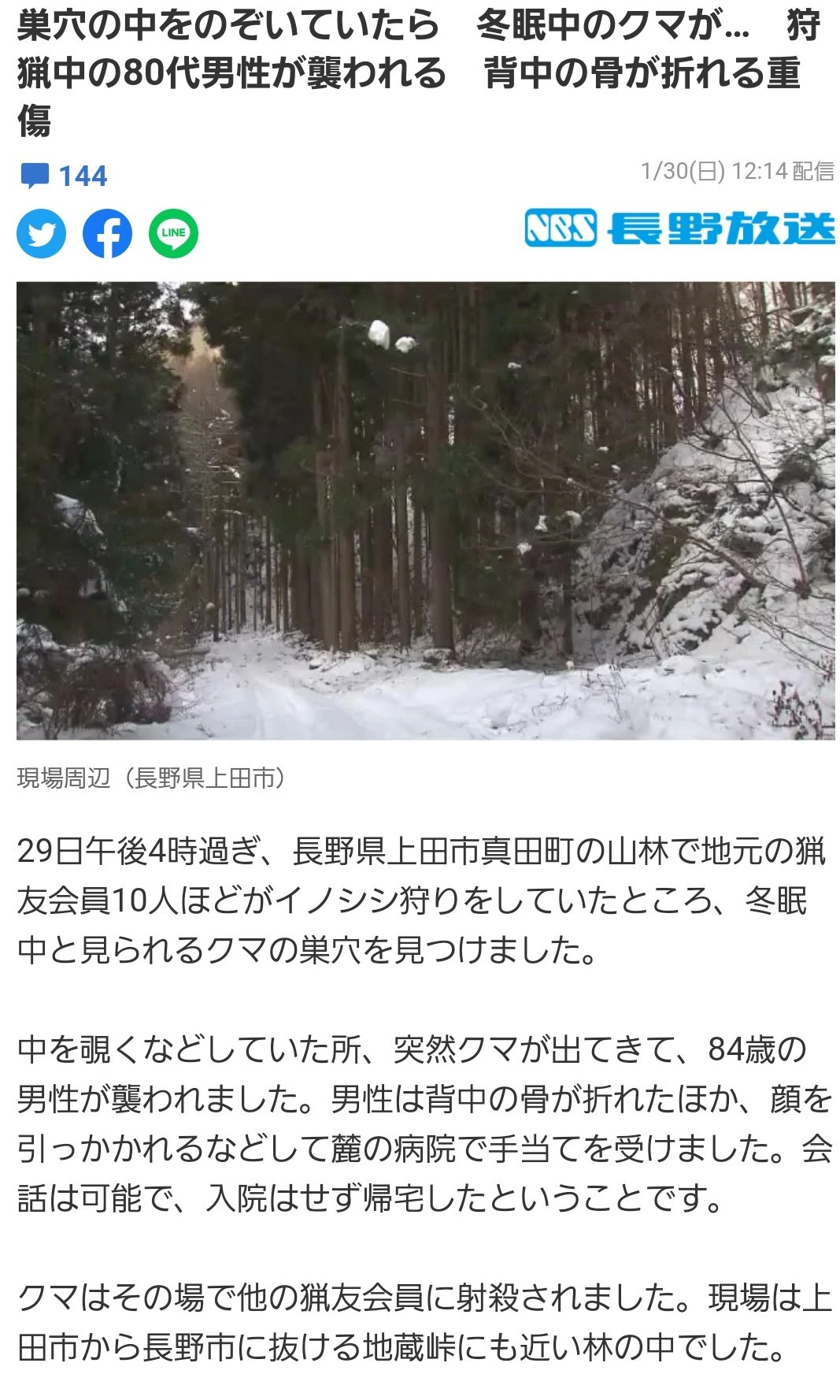 日本熊森協会東京都支部 人が怪我をしたからニュースになったが 冬眠と狩猟の時期は被るので普通に冬眠中の熊は殺されている 29日長野県の山林で10人ほどが猪狩り中に冬眠中と見られる熊の巣穴を見つけ 中を覗く等していた所突然熊が出てきて84歳男性が襲