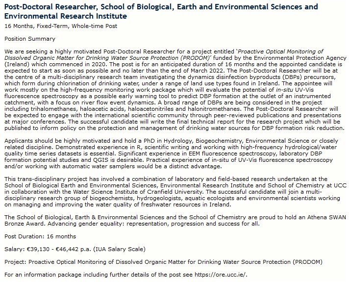 PRODOM_UCC's tweet photo. 🚨We are hiring!🚨

We are seeking a postdoctoral researcher for a 16 month position to work on the PRODOM project investigating disinfection byproduct formation in drinking water catchments in Ireland. Closing date 18th of Feb, details and to apply: https://t.co/iysSB33kex https://t.co/rqLUxWizeS