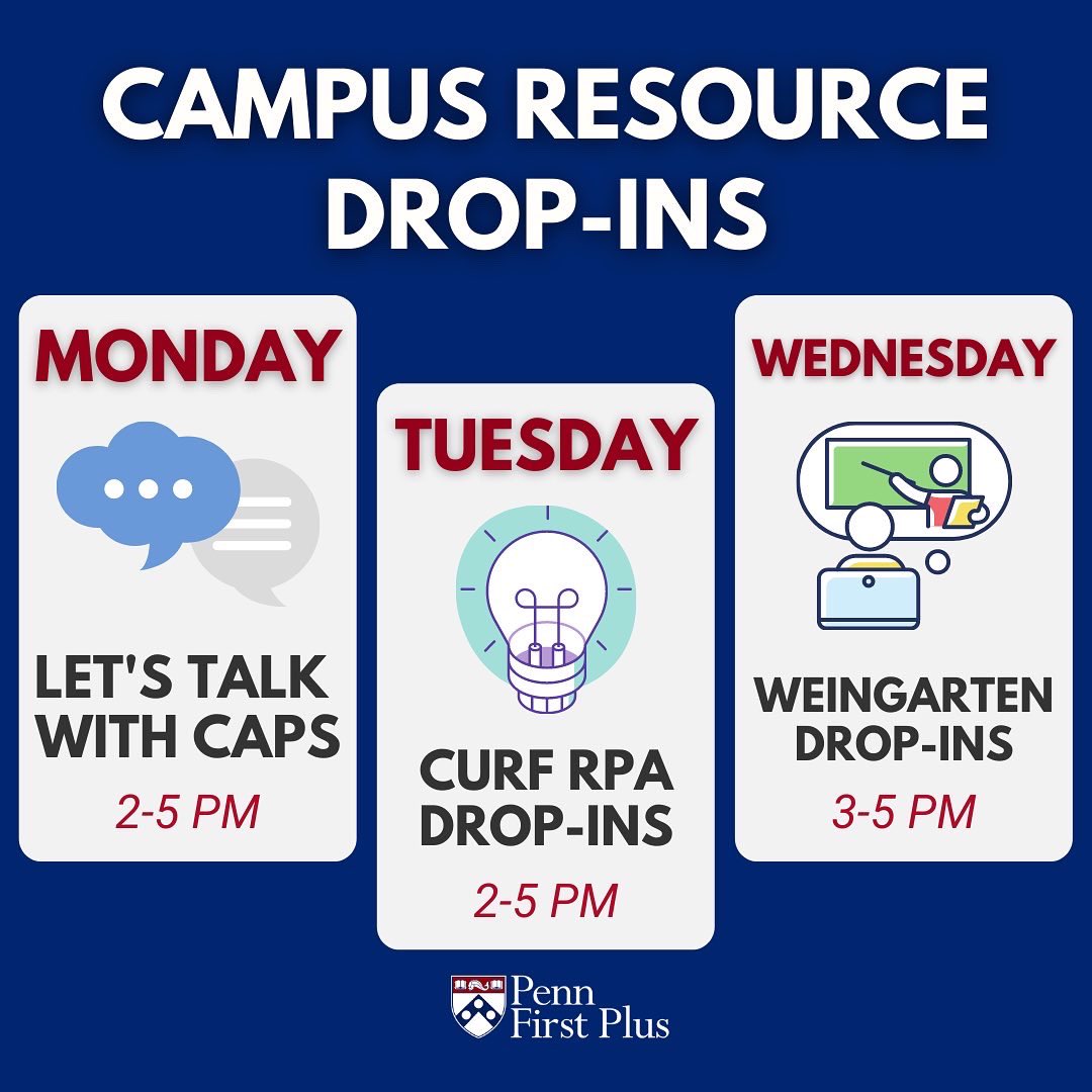 PennFirstPlus's tweet photo. Stop by the Shleifler Family Penn First Plus Center this week to speak with representatives from CAPS, CURF, and Weingarten. https://t.co/Ejvp1Y8S0P