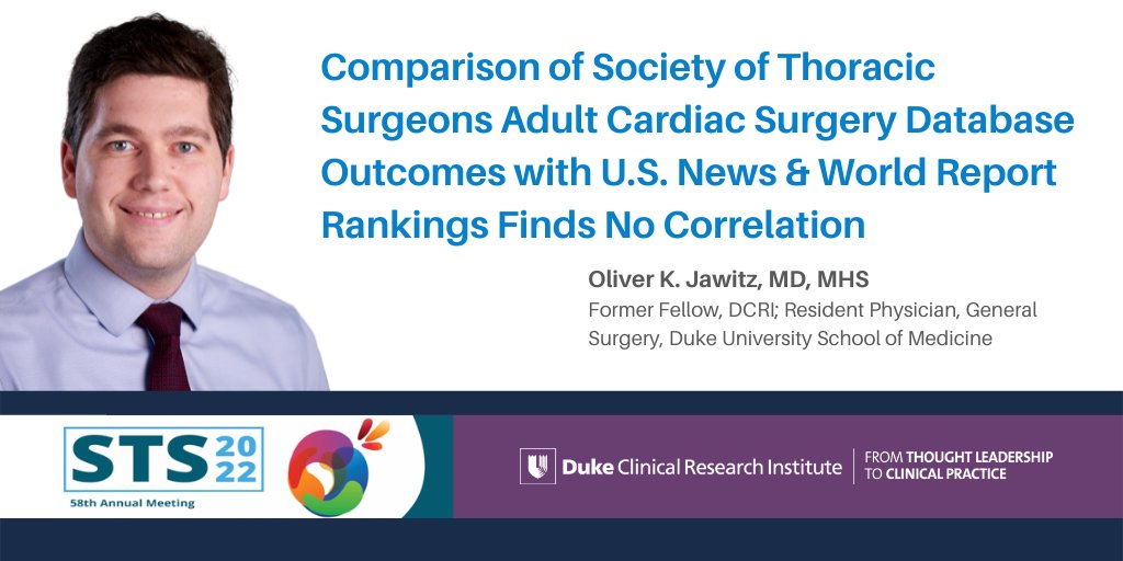 DCRINews's tweet photo. At this past weekend's #STS2022, former DCRI fellow @ojawitzMD gave a plenary presentation about research that found no correlation between USNWR hospital rankings and @STS_CTsurgery risk-adjusted outcomes. 

Read a summary: https://t.co/pII7gj5CvS https://t.co/cFlLObBEBX