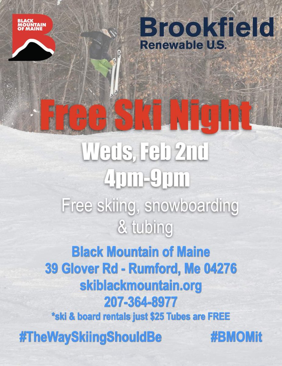 Go skiing, riding, and tubing for #FREE this Wednesday night sponsored by Brookfield Renewable!  #TheWaySkiingShouldBe #BMOMit  

skiblackmountain.org/index.php/news…
