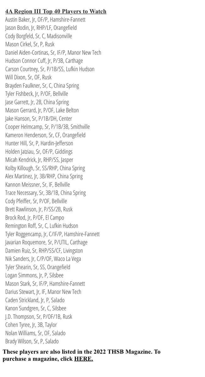 Flat Bill Baseball/THSB 4A Region III Outlooks are now up on the txhighschoolbaseball.com website.