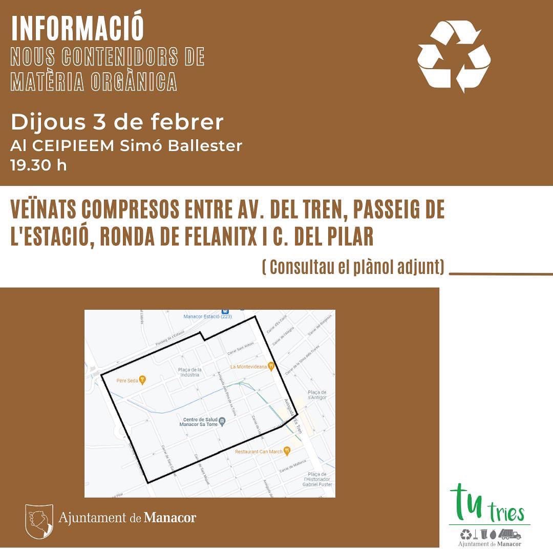 📣 Atenció, veïnats de sa Torre i de l'Estació!

Dijous hi haurà reunió informativa al CEIPIEEM Simó Ballester sobre ♻️ els nous contenidors de matèria orgànica i avantatges de la tarifa reduïda de residus.

2 torns: 
⏰18.30 h 
⏰19.30 h

Consultau quin és el vostre!

#FeimPoble