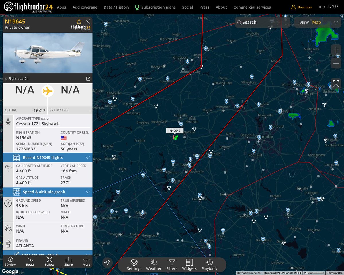 Radar_Assistant's tweet image. MULTI FR24 CIRCLING ALERT : At time Mon Jan 31 17:03:55 2022 #N19645 was likely to be circling at FL45 9nm from BRA Broad_River_NDB_US
 near Everett Road, Thomas Woods, Transylvania County, N #AvGeek #ADSB flightradar24.com/N19645/2aab6e8d