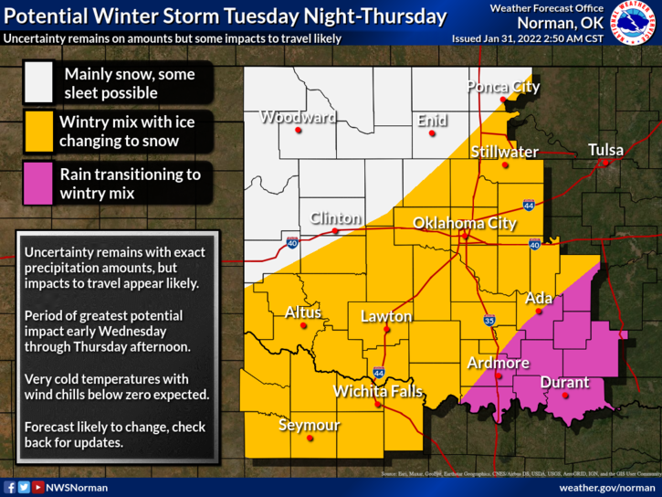 CarrieBlumert's tweet photo. OK County is under a winter storm watch. We can expect freezing temps and precipitation this week. @HomelessOKC &amp; @Salvationarmyok will have overflow beds available on nights forecasted to be below freezing. https://t.co/zLmAFPm7eh