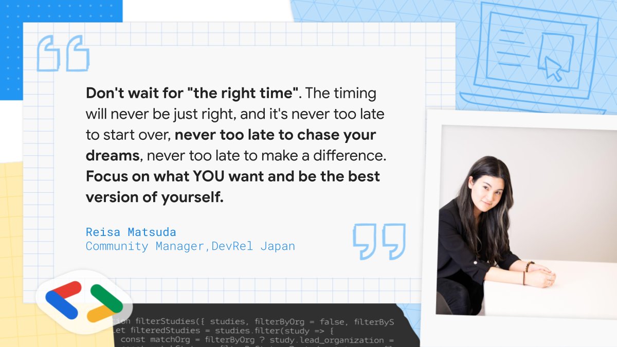 🕰️😶‍🌫️ It's always a good time to follow your dreams.
 
<a href="/Reisa0210/">Reisa</a>, Community Manager at <a href="/Google/">Google</a>, believes there's no time like the present to get started on the path to becoming the best version of yourself.
 
⏱️ What are you waiting for?
 
#MotivationMonday