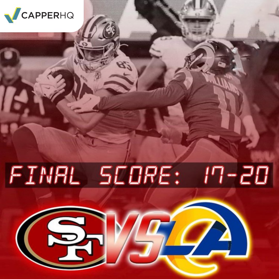 capperhq's tweet image. THE FINAL SCORE IS 17-20. The drive ends with an interception by Jimmy G.

To much alas, the 49ers lose to the Rans!

Wasn&apos;t this game a major turnover?
#NFL #sportsbetting #sportsbettingus #sportsbettingsites  #sportsbettingexpert #bettingpicks #football #bettingsports