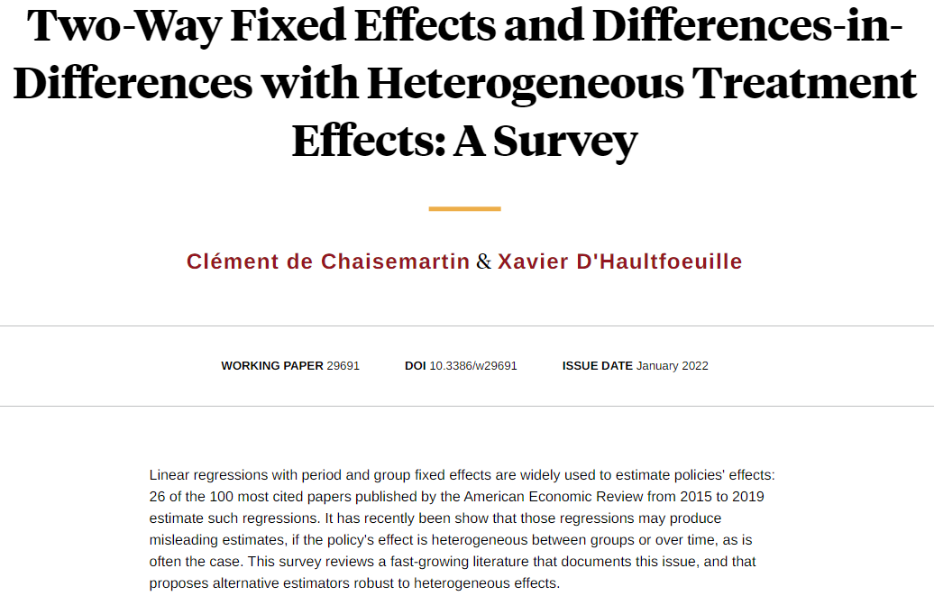 nberpubs's tweet photo. Linear regressions with period and group fixed effects may produce misleading estimates: a review of the literature documenting this issue, and proposal of alternative estimators, from @CdeChaisemartin and Xavier D'Haultfoeuille https://t.co/yHSFyBXFqA https://t.co/1EkuC9PmA3
