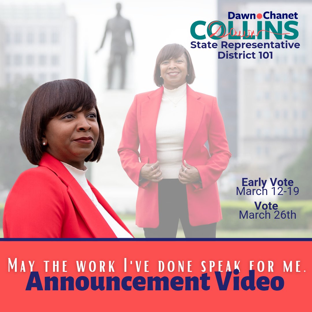 DDCollins76's tweet photo. ICYMI Here's my announcement video about my candidacy for Louisiana State Representative for District 101: https://t.co/NjVn1uxJxq
#DawnforStateRep
#WeKnowDawn https://t.co/1pCVfztYHL