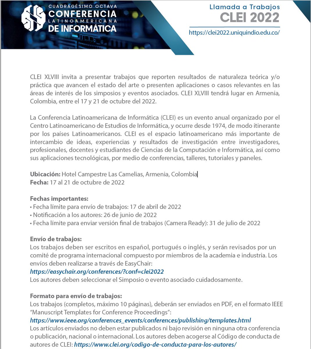 lachamba's tweet photo. Llamado a publicar en el #CLEI2022 https://t.co/cEPMaFnSL9, Fecha límite para envío de trabajos17 de abril de 2022. Congreso indizado en el CORE Rankings Portal @GiticUnl @TepuyRDGroup https://t.co/mEAqwpsiqh