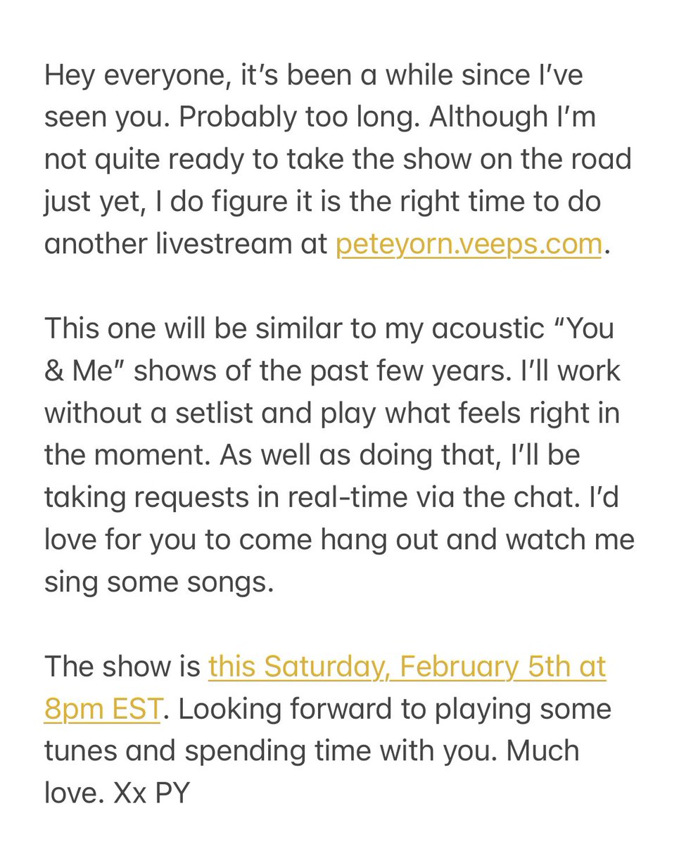 peteyorn's tweet photo. PY Livestream SATURDAY 2/5 at 8pm ET. Looking forward to playing some tunes and spending time with you. Much love. Xx PY
 
Get tickets for the show and small pre-show zoom at https://t.co/HjWIqoIFPs https://t.co/Aae3YKkImG
