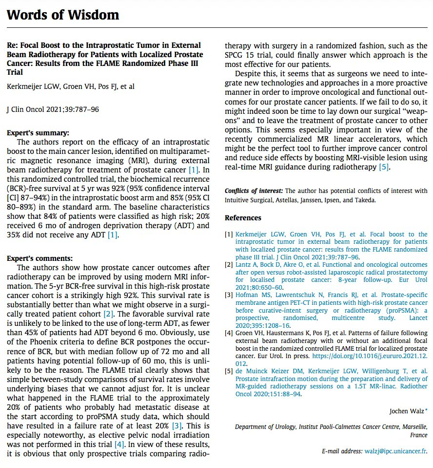 New Words of Wisdom from Jochen Walz Re: Focal Boost to the Intraprostatic Tumor in External Beam Radiotherapy for Patients with Localized Prostate Cancer: Results from the FLAME Randomized Phase III Trial buff.ly/3rgGJOw