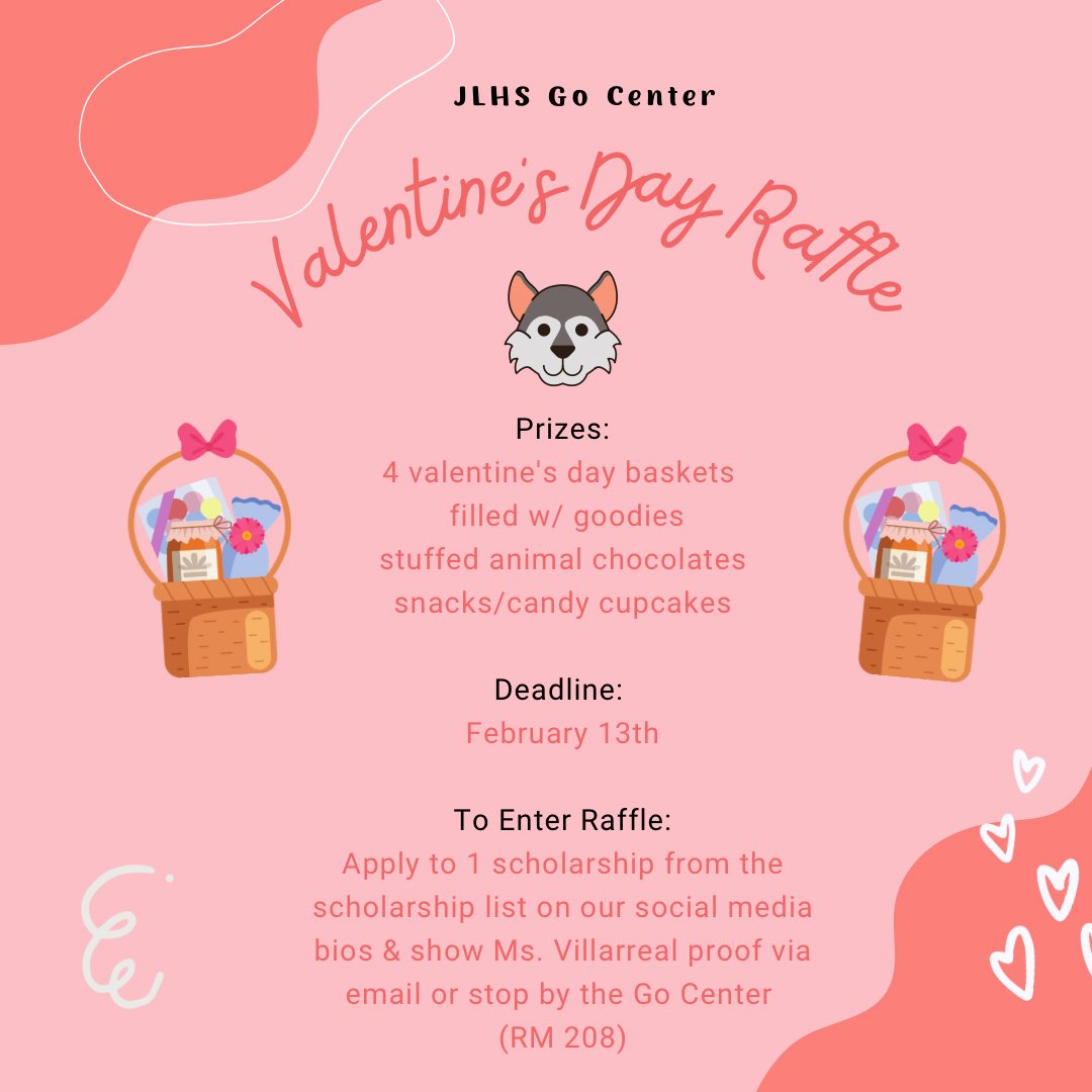 JLHSGOCenter's tweet photo. Seniors Valentine’s Day is right around the corner! Enter for a chance to win a gift basket filled with goodies for your special someone, a friend or treat yourself 😋 

If you need help with completing an app come by the Go Center 👍🏻 https://t.co/7B2rIIhM7m