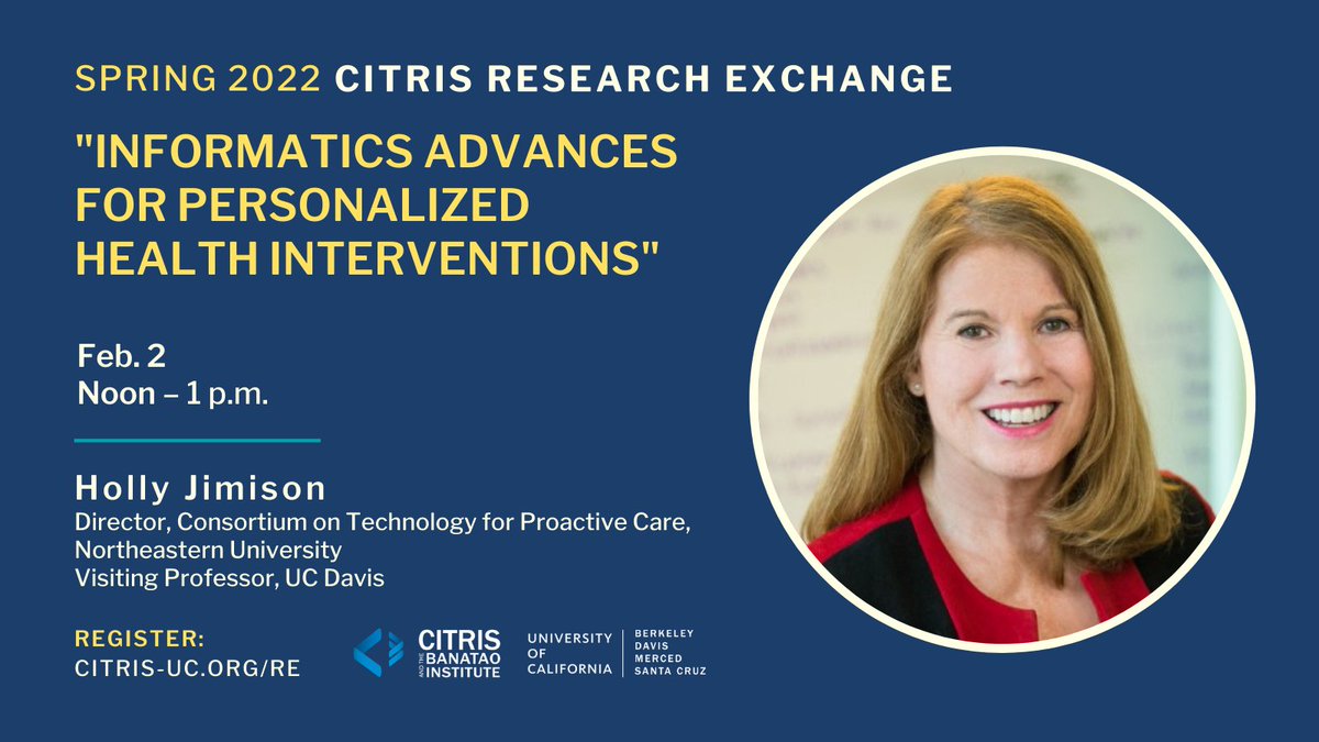 citrisnews's tweet image. Just 2 days until the CITRIS Research Exchange starts! 🎉 At noon on W 2/2, Holly Jimison (@KhouryCollege/@NUBouve &amp;amp; @UCDavis_Nursing) will share how #AI and #HealthInformatics could herald an era of proactive health care. #CITRISRE Register now: 🔹 bit.ly/citris-re22spr…