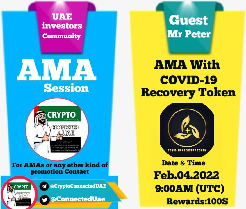 #AMA
🔊Crypto Connected UAE is Pleased To AMA

There will be 3 segments. Last approximately for 45 Minutes.

➡️Segment 1: Introduction
➡️Segment 3:from Twitter (50$)
➡️Segment 2: free asking(50$)

〽️Rules to follow AMA: ⤵️
JOIN 
t.me/covdrtoken