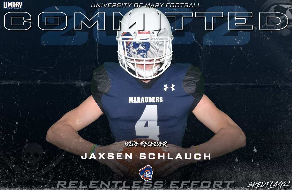JaxsenSchlauch's tweet photo. I am proud to announce my commitment to Umary!!! I want to thank my coaches, friends, and family for supporting me and getting me to where i am today! #redflag22 🏴‍☠️🚩 @coachKastens @CoachBagnell @UMaryFootball @CoachGainesRec https://t.co/cdBYBZtJGC