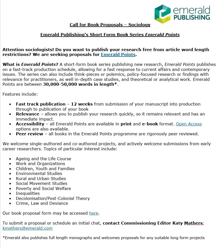 Katy Mathers (she/her) (@katy_mathers) on Twitter photo āļøCall for short-form book proposals for Emerald's growing sociology programmeāļø<a href="/EmeraldFairSoc/">Emerald Fairer Society</a> <a href="/britsoci/">The BSA</a> <a href="/isa_sociology/">ISA</a> <a href="/ASAnews/">ASA Sociology</a> <a href="/ESA_Sociology/">European Sociological Association</a> š§ kmathers@emerald.com šbit.ly/3reoN7e āļøCall for short-form book proposals for Emerald's growing sociology programmeāļø<a href="/EmeraldFairSoc/">Emerald Fairer Society</a> <a href="/britsoci/">The BSA</a> <a href="/isa_sociology/">ISA</a> <a href="/ASAnews/">ASA Sociology</a> <a href="/ESA_Sociology/">European Sociological Association</a> š§ kmathers@emerald.com šbit.ly/3reoN7e